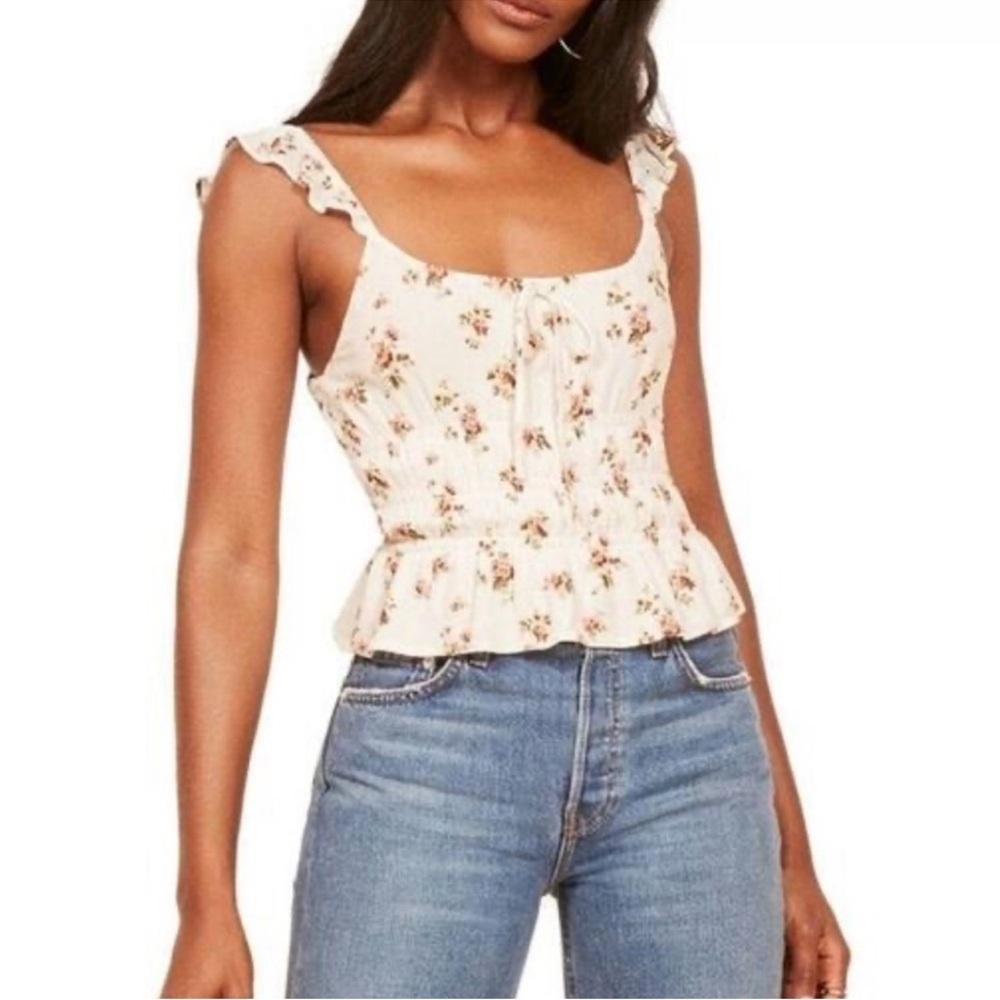 Reformation Aurora Geraldine White Floral Ruffle Sleeve Bow Top Large